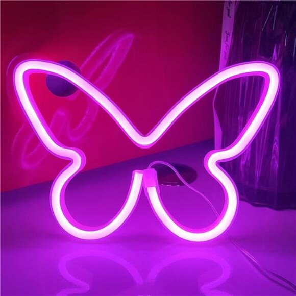 Pink Butterfly Neon Sign LED Light-Up Decor for Bedroom, Desk, or Wall - Picture 1 of 5